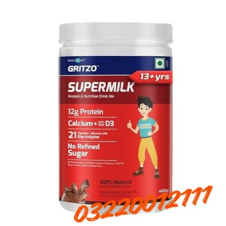 Gritzo SuperMilk Overall Growth (13+y Boys), 12g Protein (Double Chocolate, 400g) | Zero Refined Sugar, 21 Vitamins & Minerals