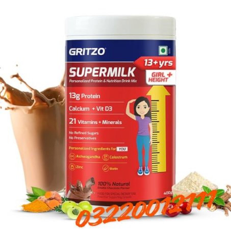 Gritzo SuperMilk Overall Growth (13+y Boys), 12g Protein Powder (Double Chocolate, 400g) | Zero Refined Sugar, 21 Vitamins & Minerals